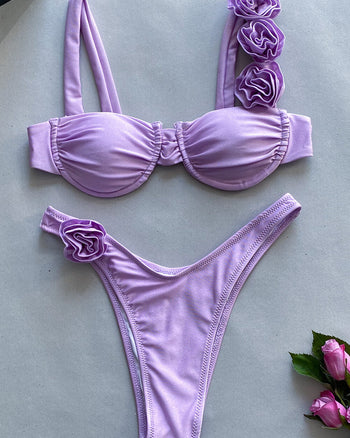 Rosette Shoulder Strap Underwire High-Cut Bikini Set - Lilac