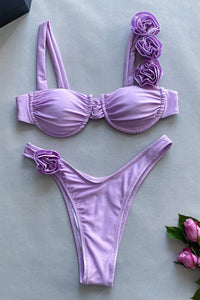 Rosette Shoulder Strap Underwire High-Cut Bikini Set - Lilac