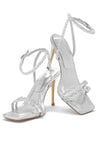 Double Diamante Embellished Strap Open Square Toe Heel - Silver