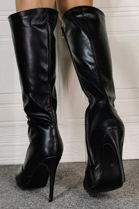 Faux Leather Pointed Toe Knee High Stiletto Boots - Black