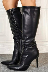 Faux Leather Pointed Toe Knee High Stiletto Boots - Black