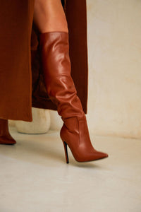 Faux Leather Pointed Toe Knee High Stiletto Boots - Brown