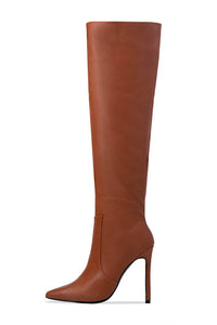 Faux Leather Pointed Toe Knee High Stiletto Boots - Brown