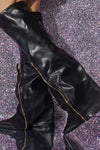 Black Faux Leather Zip Front Foldover Knee High Stiletto Boots