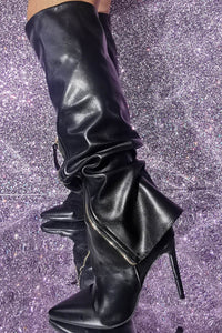 Black Faux Leather Zip Front Foldover Knee High Stiletto Boots