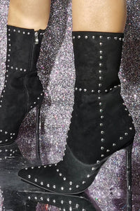 Black Faux Suede Studded Stiletto Ankle Boots