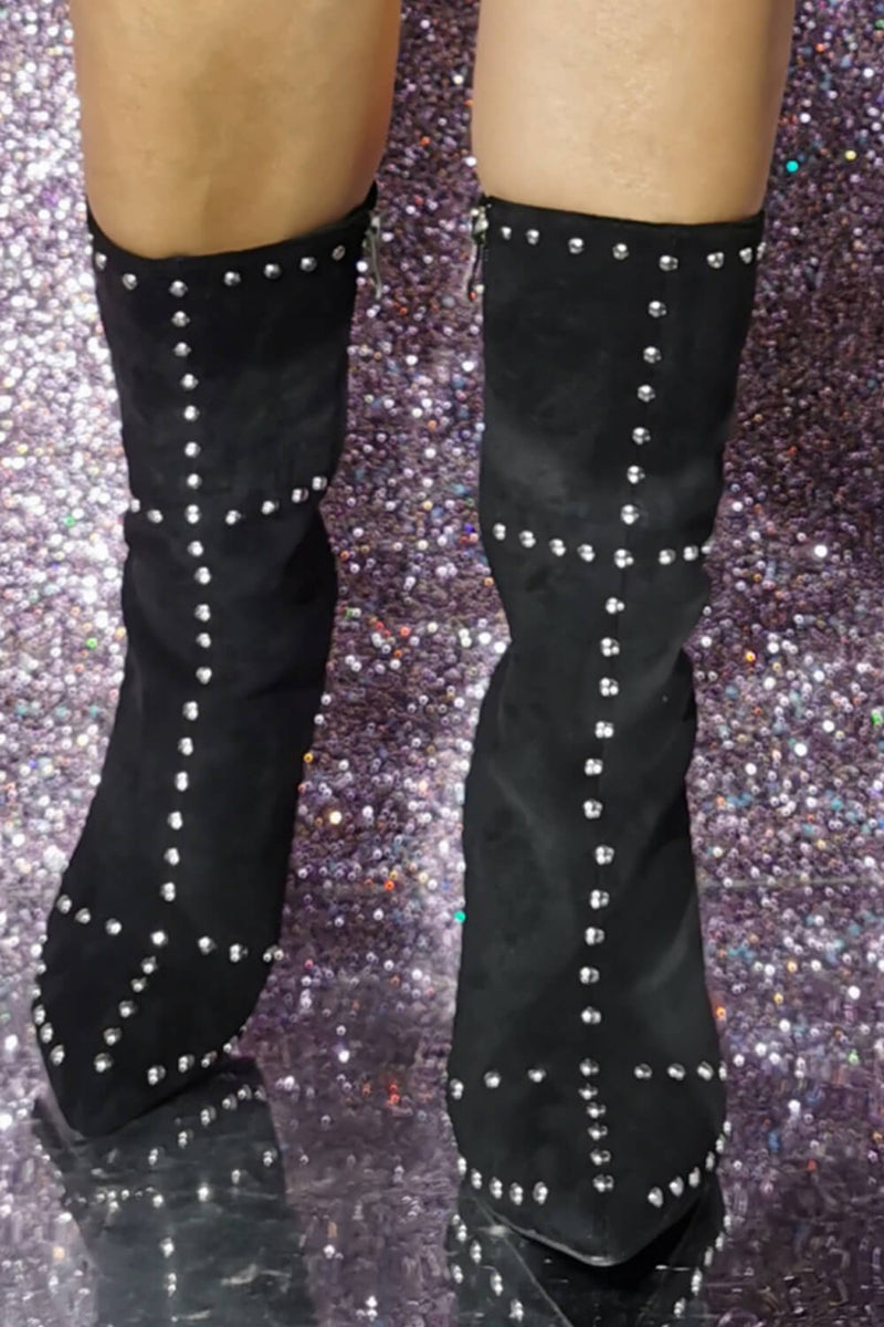 Black Faux Suede Studded Stiletto Ankle Boots