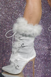 Furry Faux Fur Lace Up Pointed Toe Stiletto Ankle Boots - White