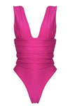 Plunge Ruched High-Leg One Piece Swimsuit - Hot Pink