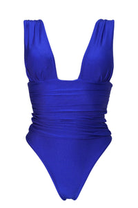 Plunge Ruched High-Leg One Piece Swimsuit - Blue