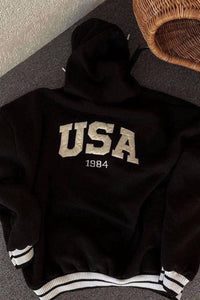 Usa Oversized Pullover Drawstring Hoodie With Striped Cuffs