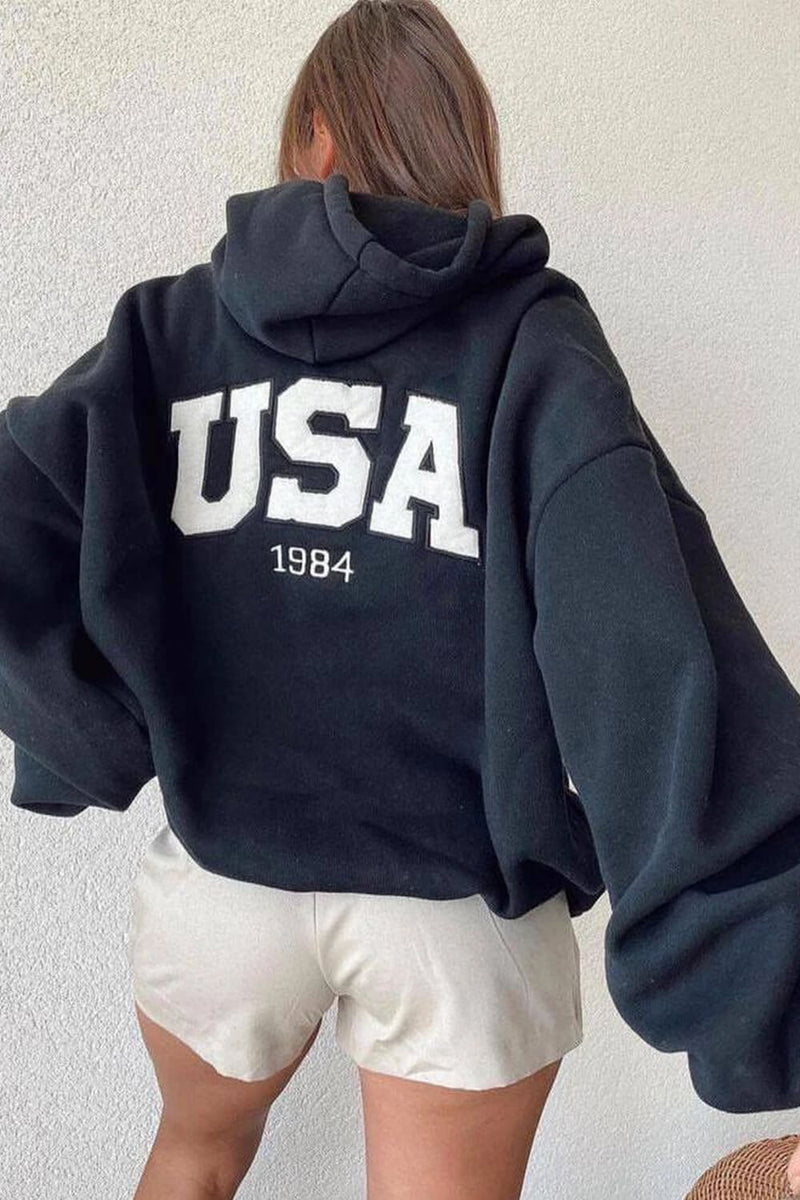 Usa Oversized Pullover Drawstring Hoodie With Striped Cuffs