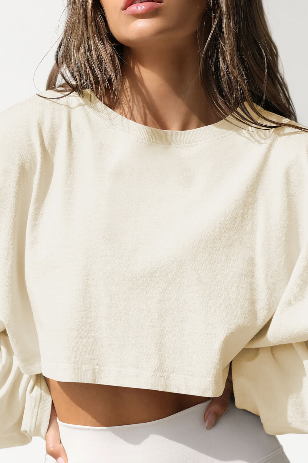 Crew Neck Slouchy Cropped Long Sleeve T-Shirt