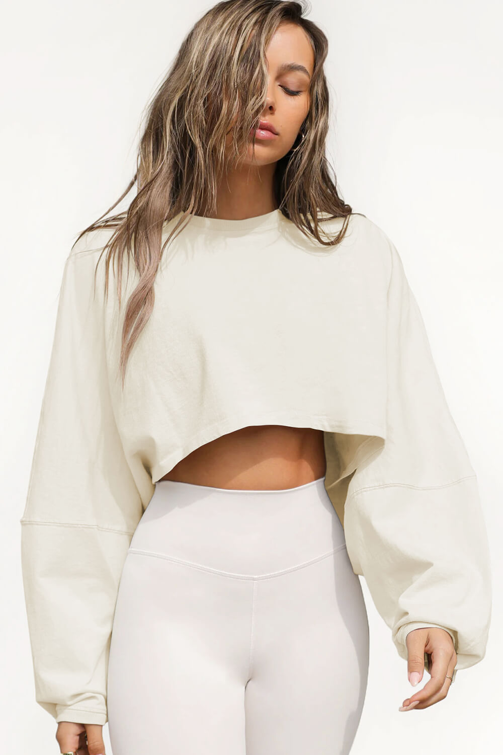 Crew Neck Slouchy Cropped Long Sleeve T-Shirt