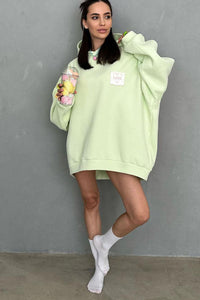 Love Oversized Pullover Fixed Hoodie With Striped Cuffs