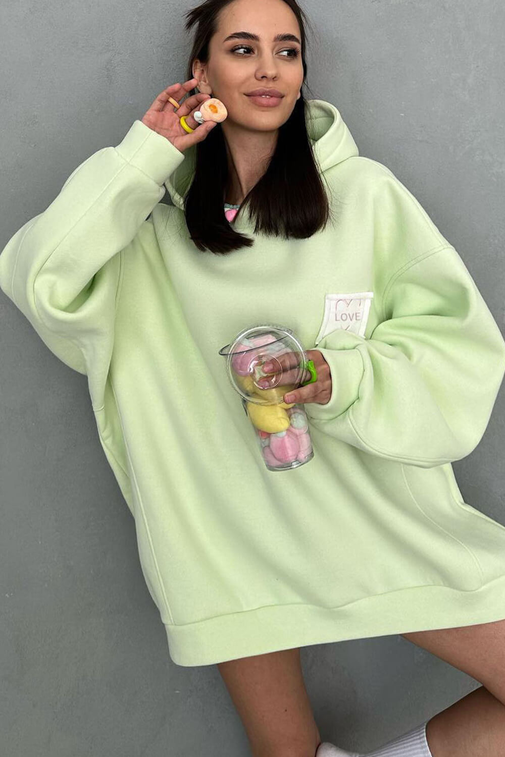 Love Oversized Pullover Fixed Hoodie With Striped Cuffs
