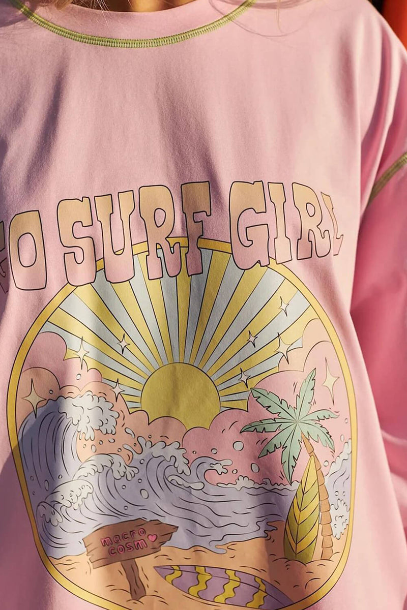 Go Surf Girl Oversized Pullover Drawstring Hoodie With Striped Cuffs - Pink/Lightgreen/Lemonchiffon