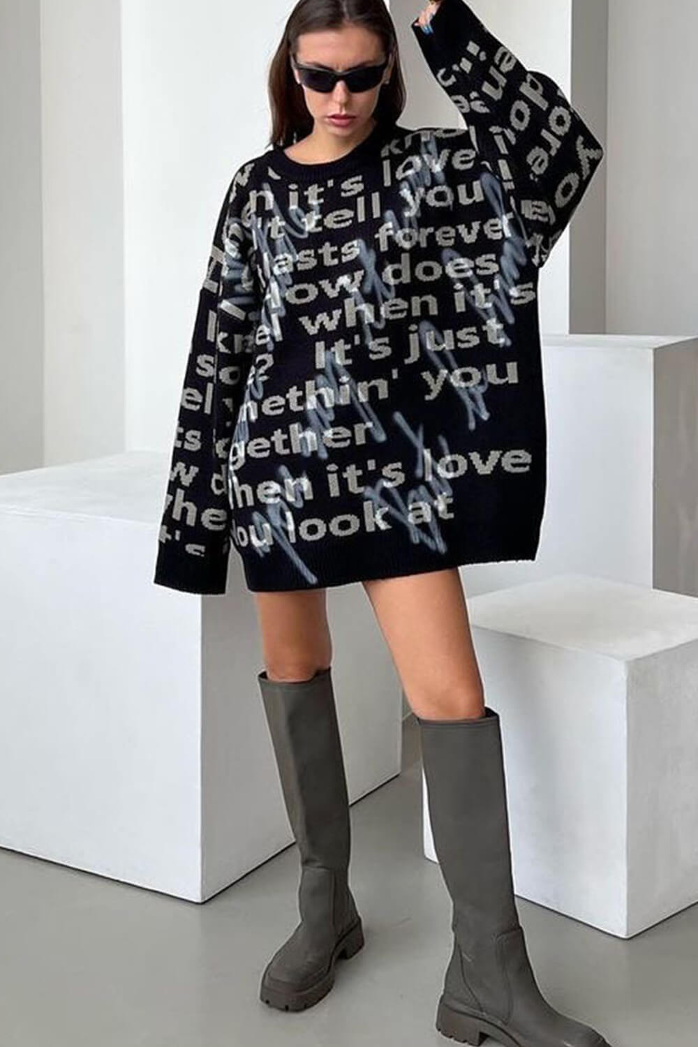 All Over Text Detail Crew Neck Knitted Sweater Mini Dress