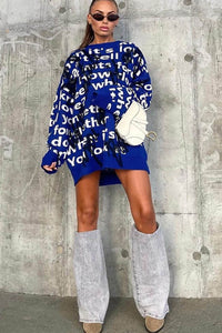 All Over Text Detail Crew Neck Knitted Sweater Mini Dress
