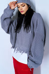 Distressed Crew Neck Sharkbite Cropped Knitted Sweater