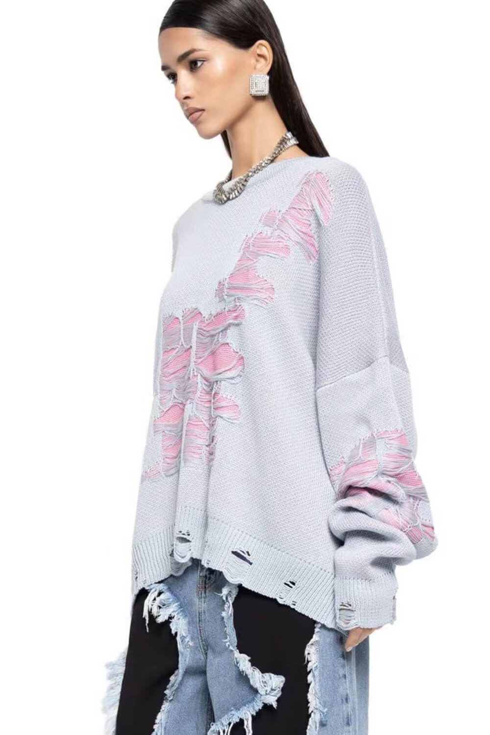 Layered Ripped Sweater Knitted Distressed Jumper