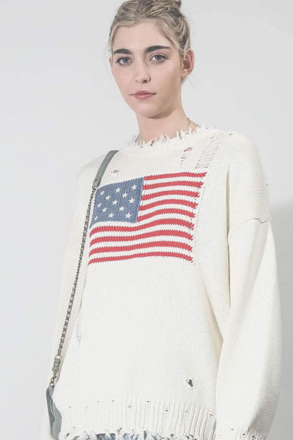 American Flag Crewneck Distressed Knitted Jumper Sweater