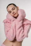 Pink Faux Fur Turtleneck Button-Up Cropped Fluffy Cardigan
