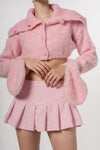 Pink Faux Fur Turtleneck Button-Up Cropped Fluffy Cardigan