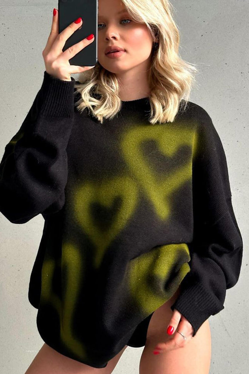 Heart Printed Crew Neck Sweater Dress