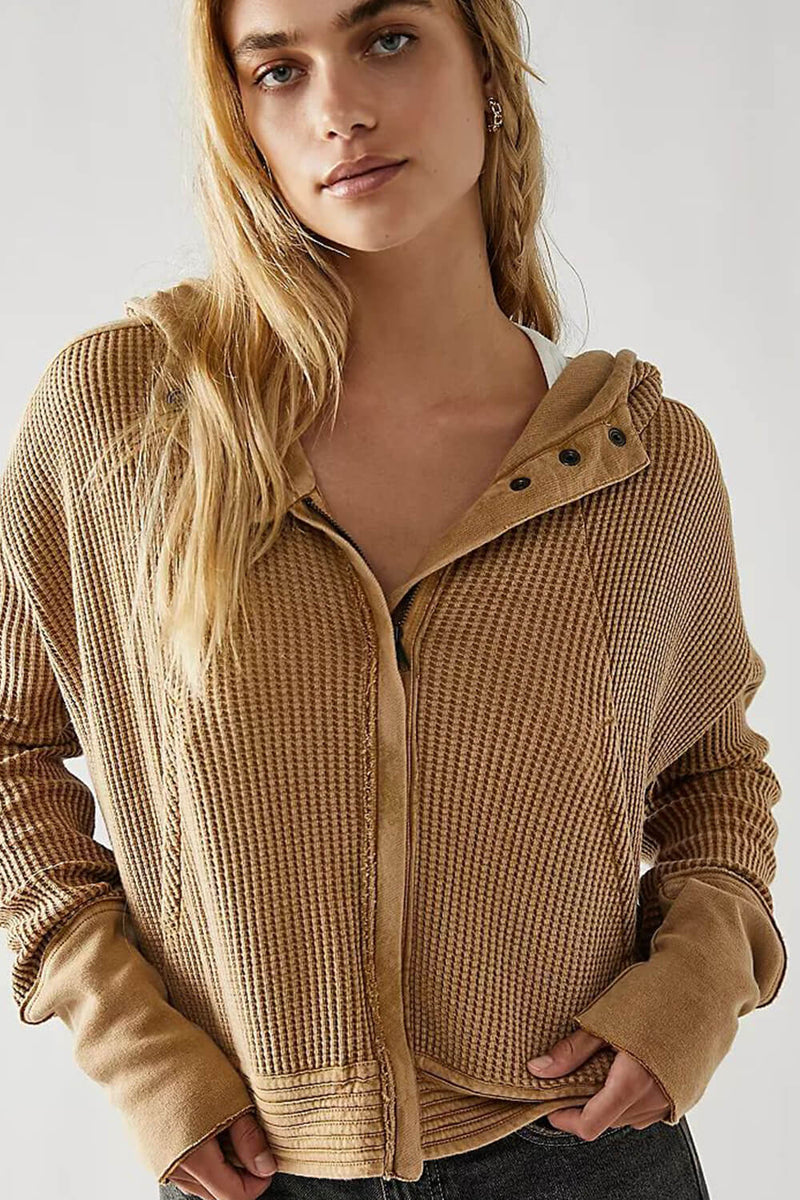 Waffle Knit Zip Up Button-On Hooded Jacket