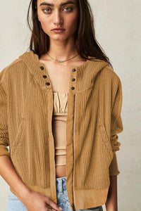 Waffle Knit Zip Up Button-On Hooded Jacket