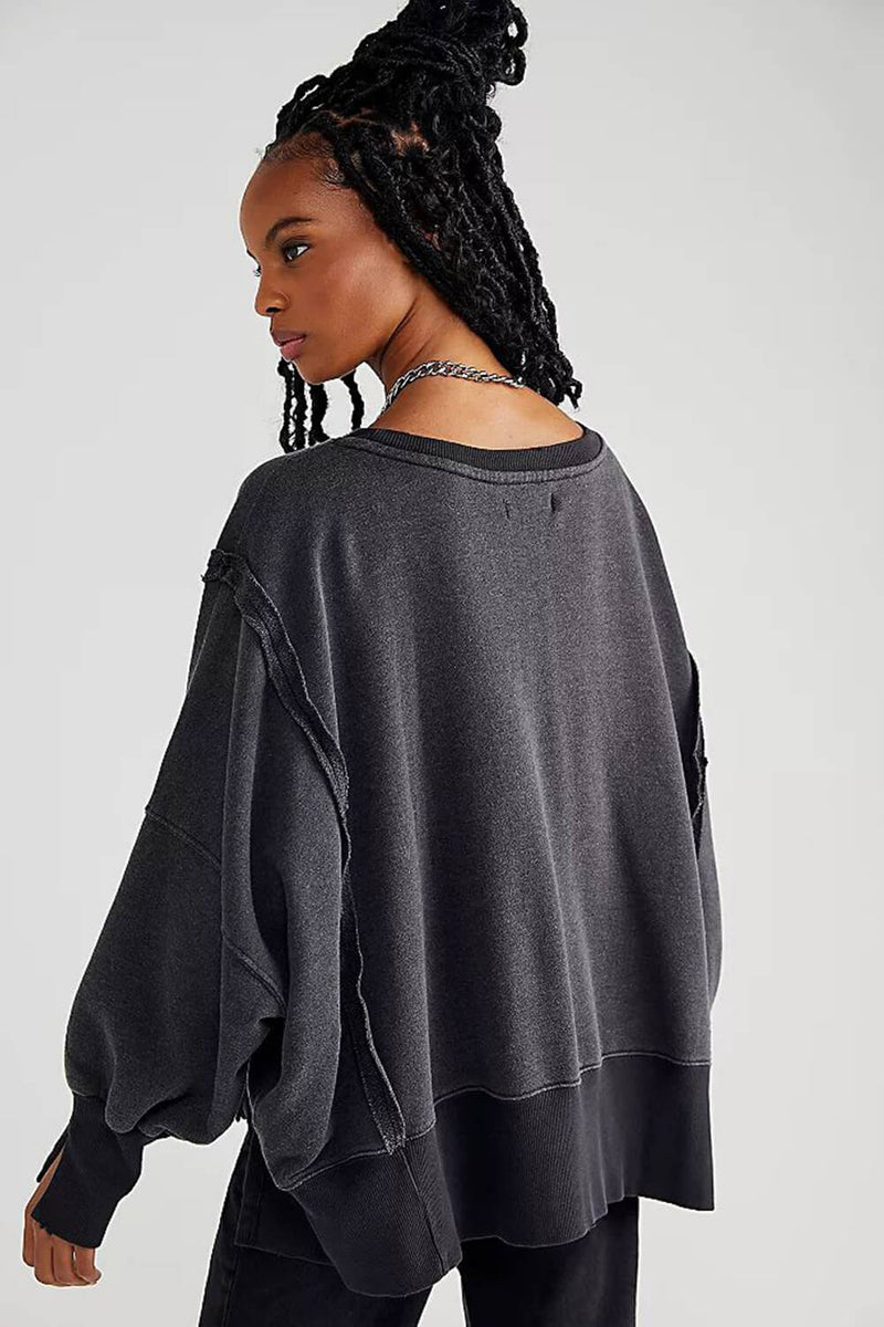 Scoop Neck Exposed Seaming Side-Slit Sweatshirt