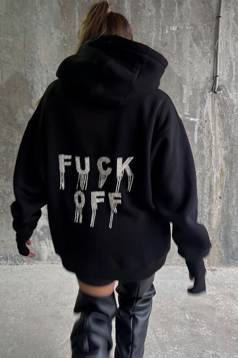 Black Crystal-Embellished 'F*Ck Off' Oversized Pullover Hoodie