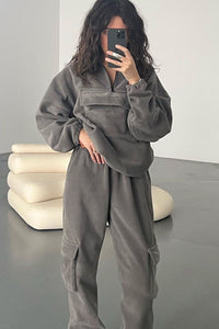 High Neck Half Zip Pocket Front Fleece Sweatshirt And Cargo Sweatpants With Toggle Detail