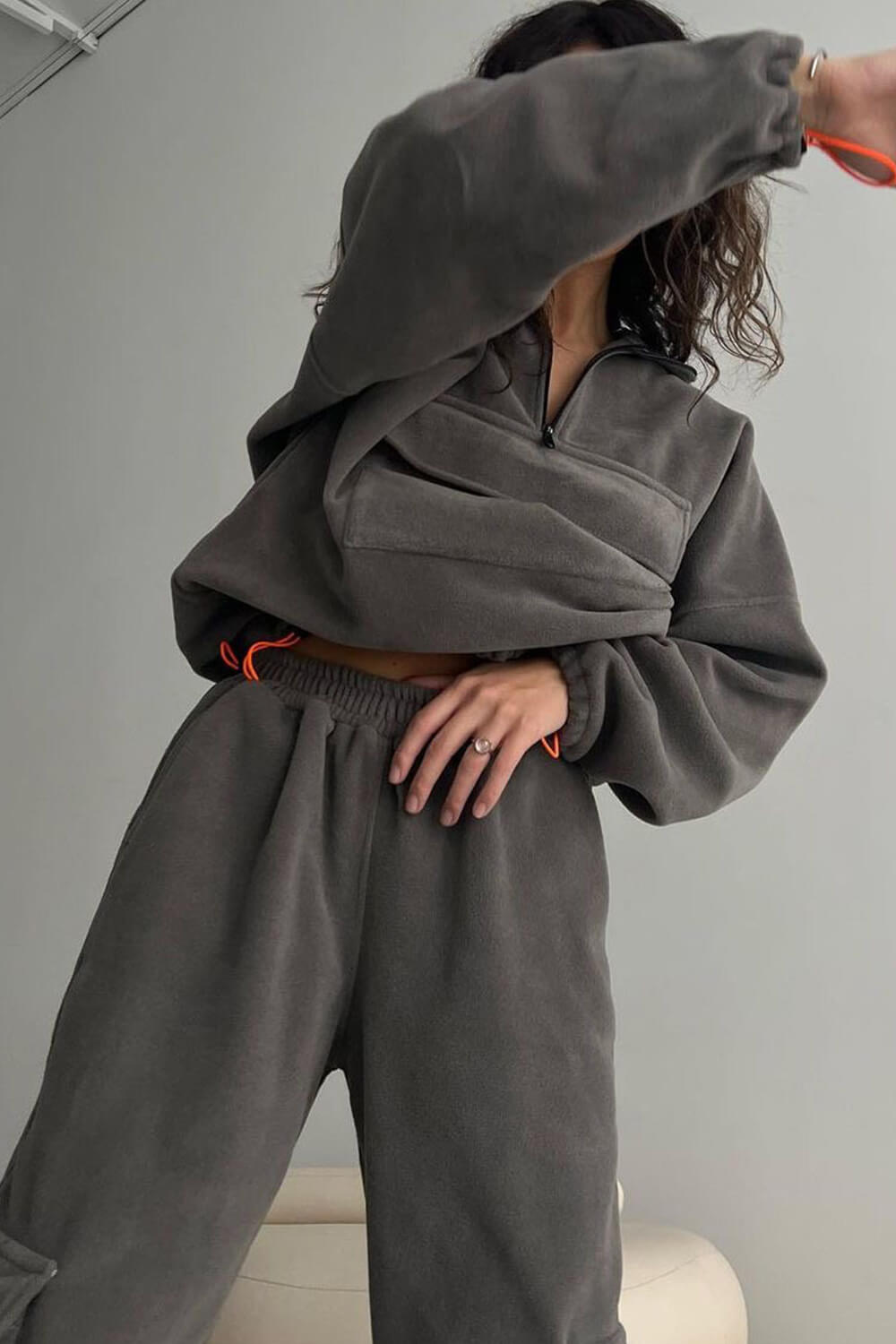 High Neck Half Zip Pocket Front Fleece Sweatshirt And Cargo Sweatpants With Toggle Detail