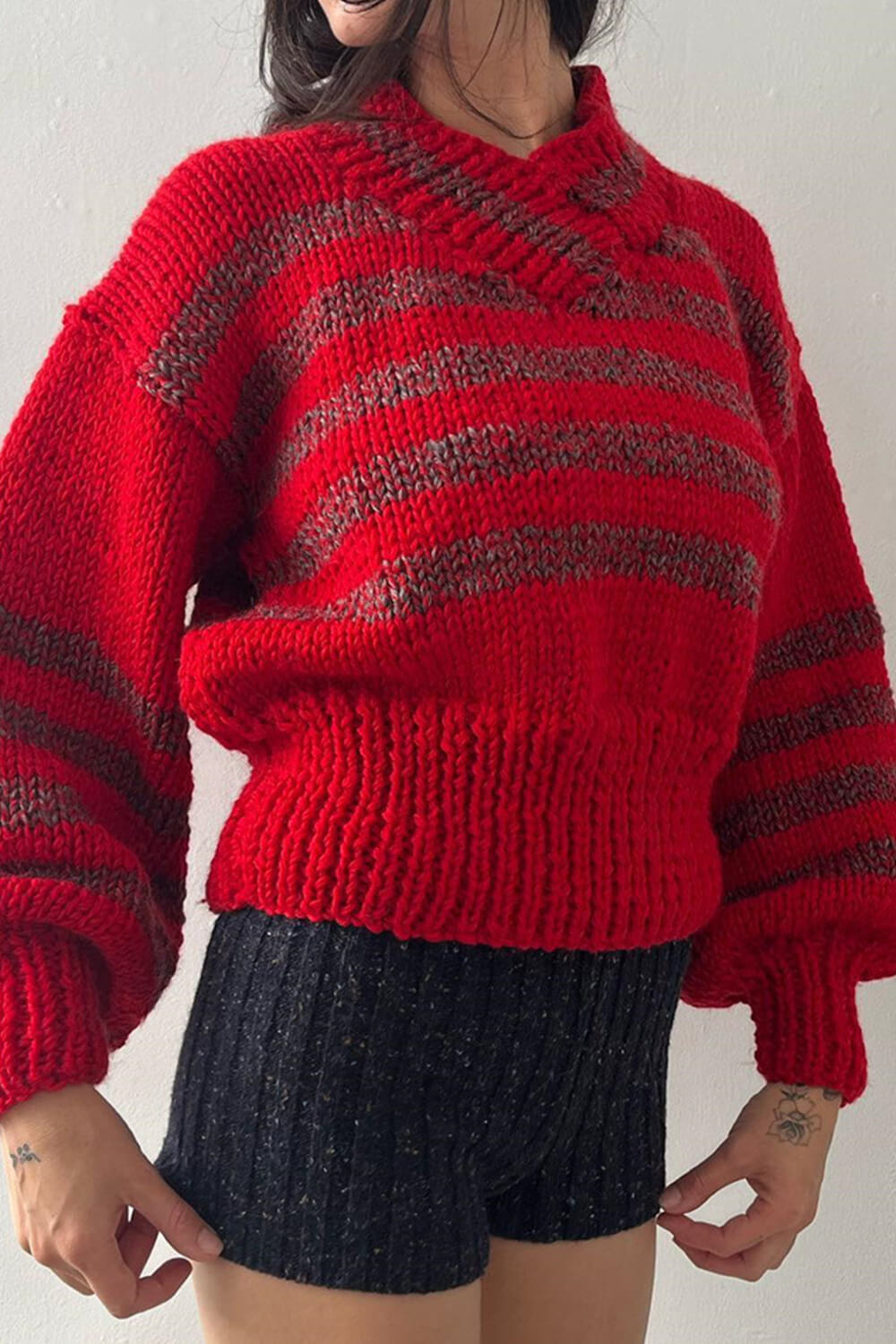 Striped Cross-Neck Knit Sweater - Red