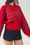Striped Cross-Neck Knit Sweater - Red