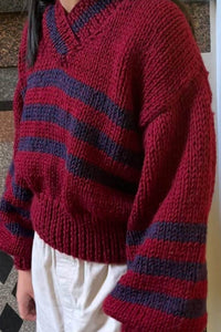 Striped Cross-Neck Knit Sweater - Burgundy