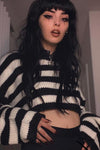 Black And White Striped Crew Neck Cropped Sweater