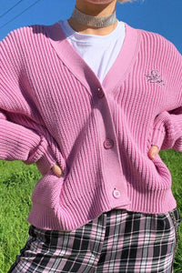 Pink 'Angelic' Button-Up Knit Oversized Cardigan With Volume Sleeves