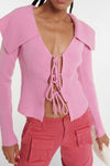 Collared Tie Front Ribbed Knit Cardigan