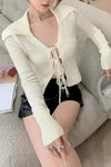 Collared Tie Front Ribbed Knit Cardigan