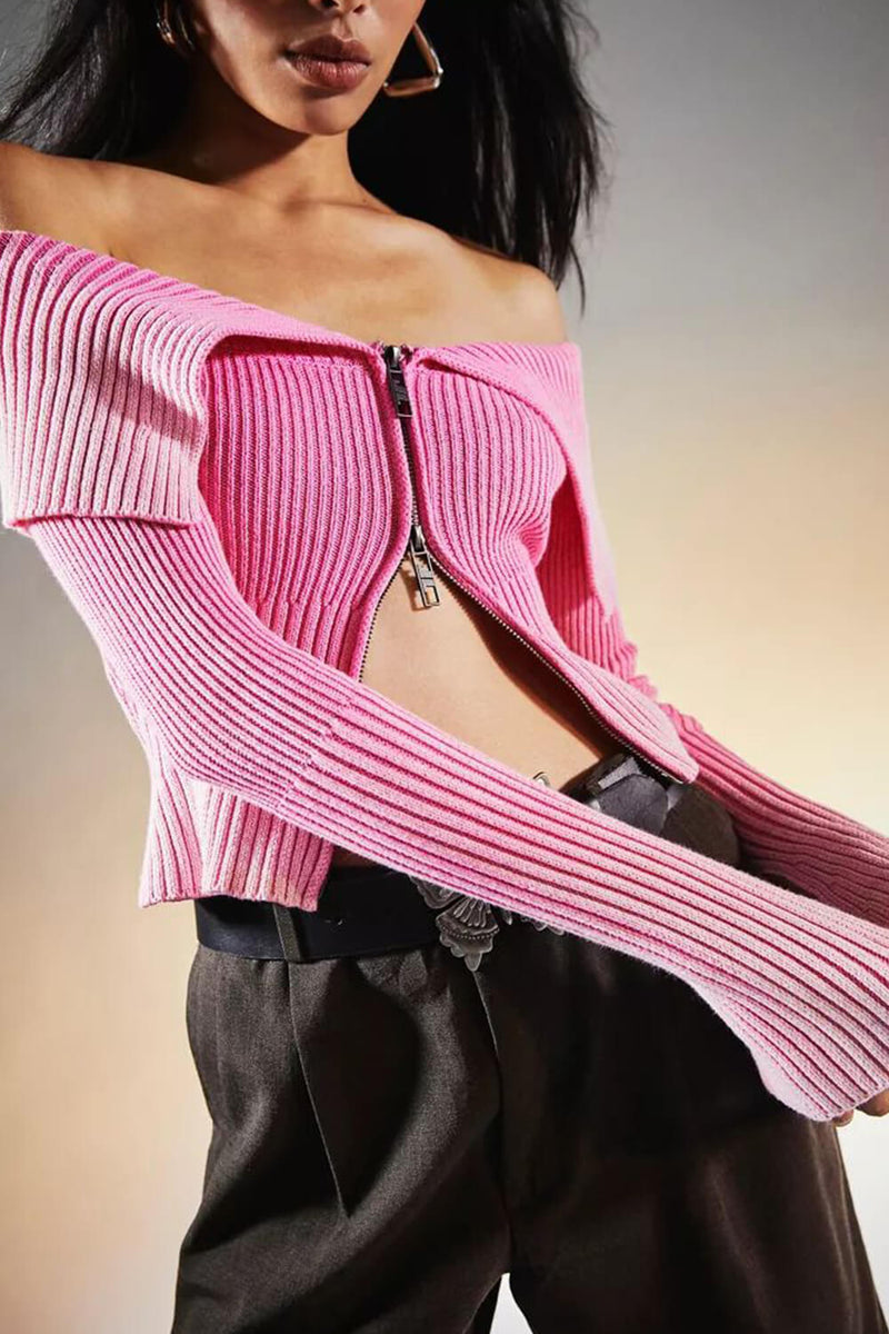 Pink Ombre Ribbed Knit Off-The-Shoulder Split-Sleeve Zip Up Split-Sleeve Cardigan