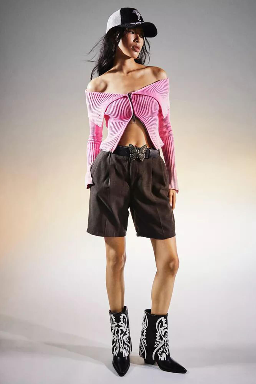 Pink Ombre Ribbed Knit Off-The-Shoulder Split-Sleeve Zip Up Split-Sleeve Cardigan
