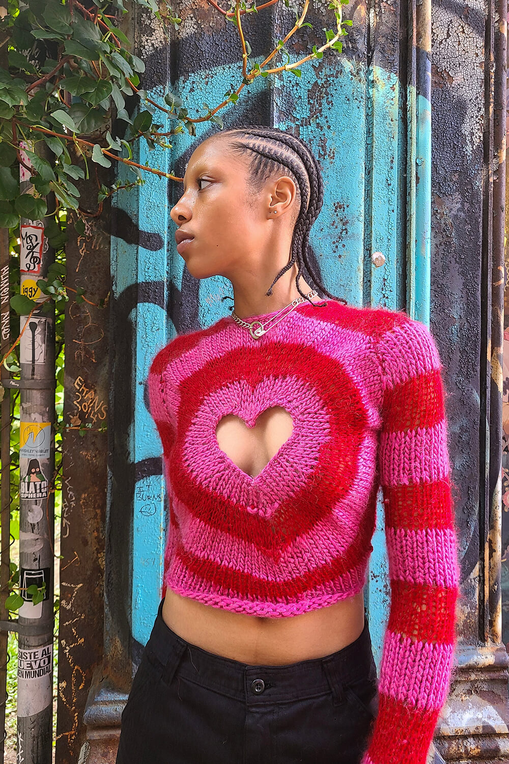 Pink And Red Heart Cut Out Knit Sweater