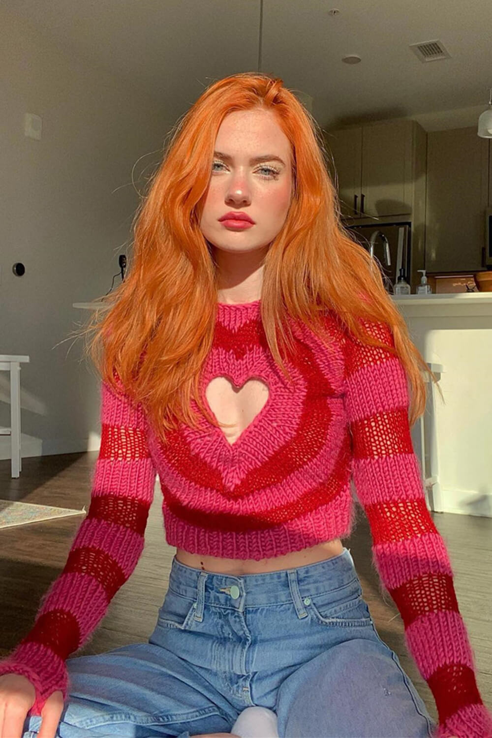 Pink And Red Heart Cut Out Knit Sweater