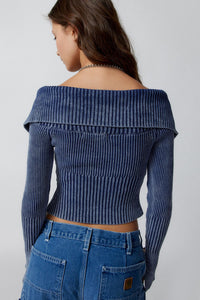 Blue Ribbed Knit Folded Off-The-Shoulder Split-Sleeve Zip Up Cardigan