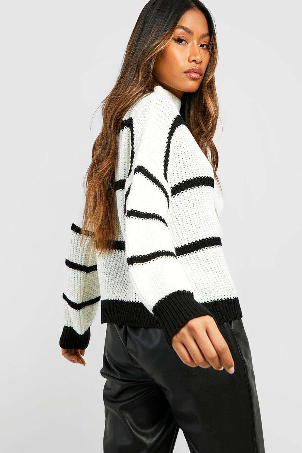 High Neck Stripe Knit Jumper Relaxed Sweater
