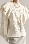 Cream Double Layered Ruffled Cable Knit Sweater
