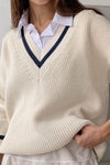 Ribbed Knit V-Neck Oversized Pullover Varsity Sweater - Black & White